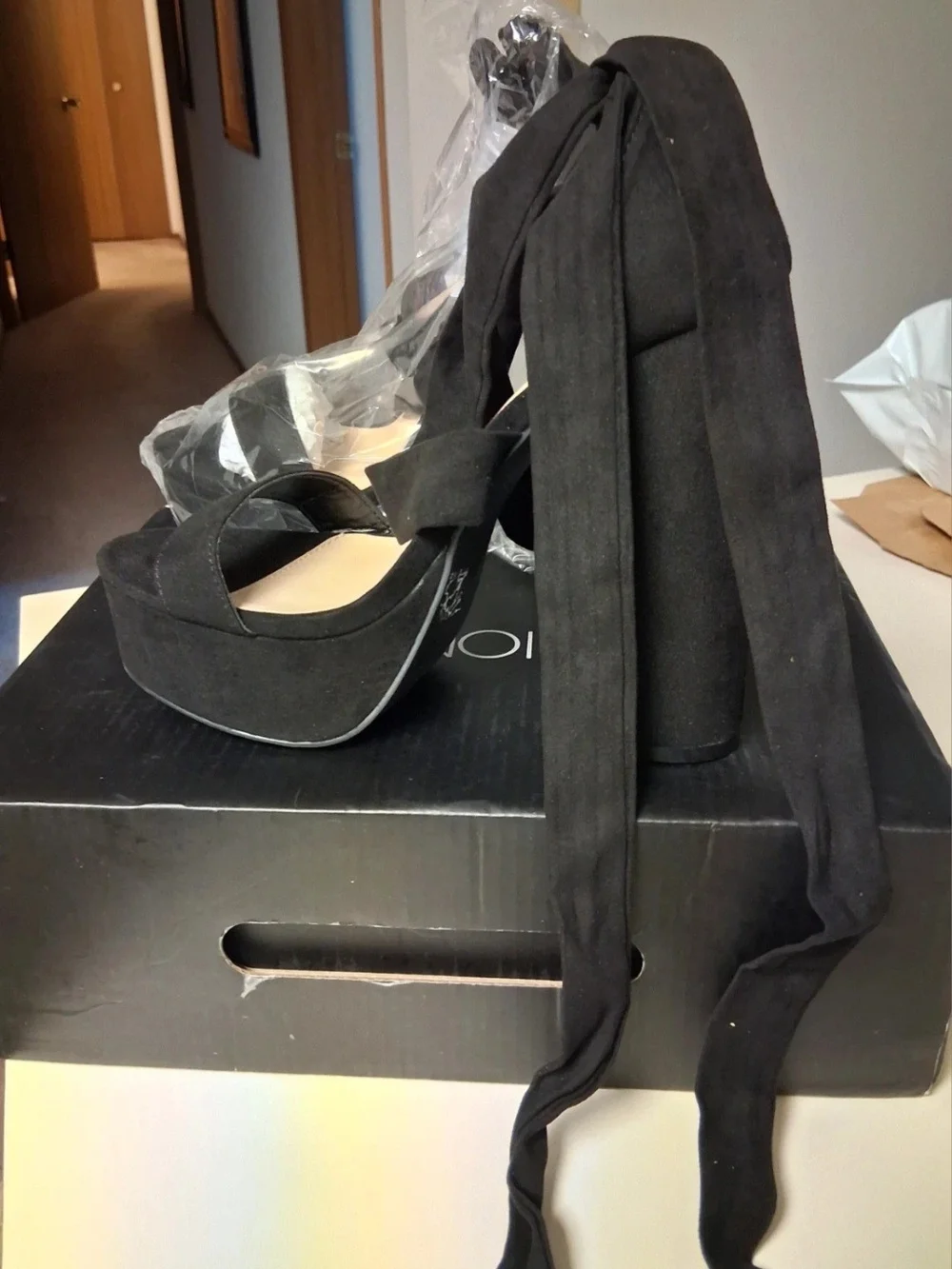 Fashion Nova Black Platform Ankle-Tie Sandals